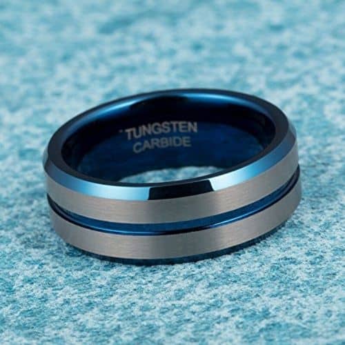 anello in tungsteno spazzolato argento blu per uomo 8mm comfort fit
