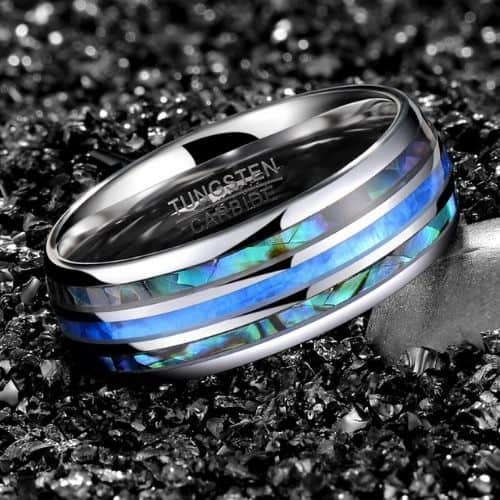 Abalone Shell and Blue Fire Opal Ring for Men set within Tungsten Carbide