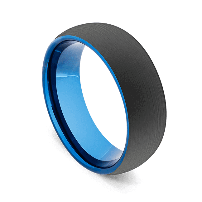 Anello in tungsteno nero opaco spazzolato per uomo con bordo e interno blu