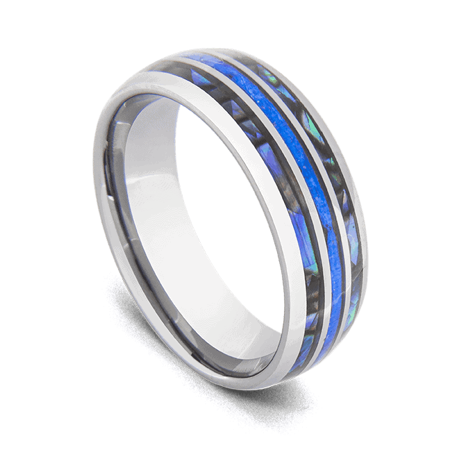 Anello da uomo in tungsteno - Argento con opale di fuoco blu e conchiglia di abalone