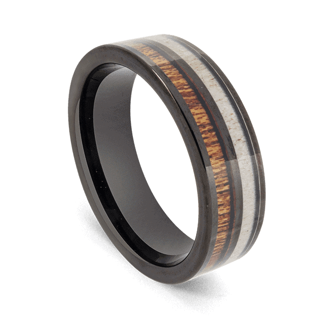 Anello da uomo in corno di cervo, legno di koa e carburo di tungsteno nero
