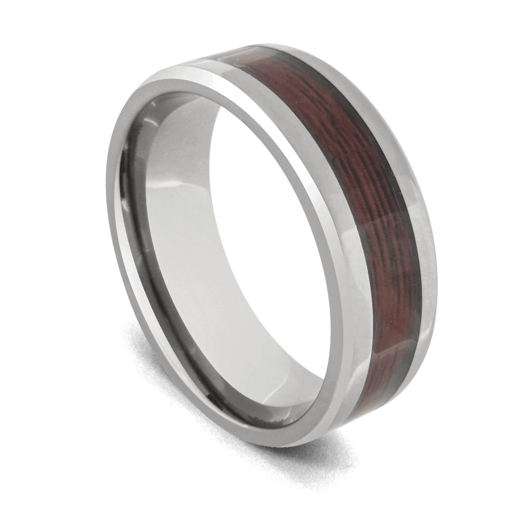 Anello da uomo in argento tungsteno con intarsio in legno naturale
