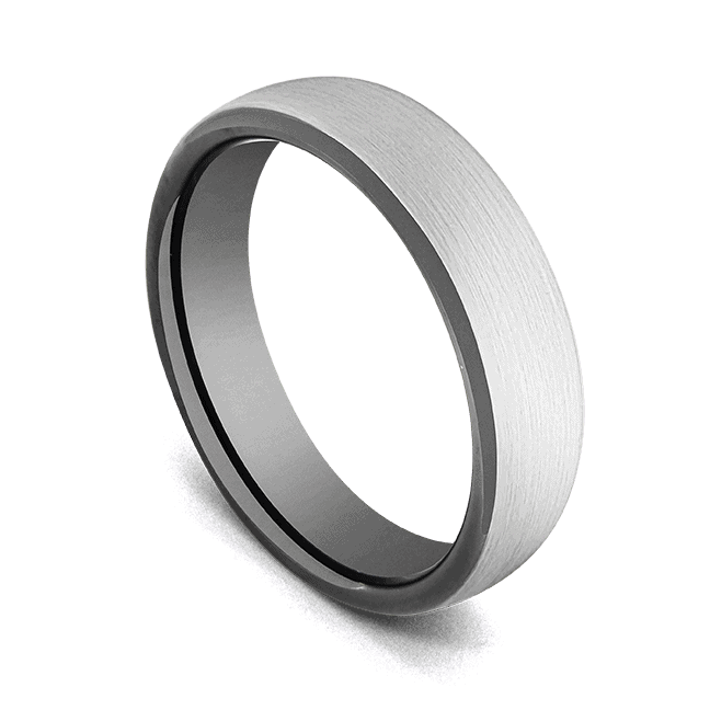 Anello da uomo - Carburo di tungsteno - Anello bombato in argento spazzolato con bordi e interni neri