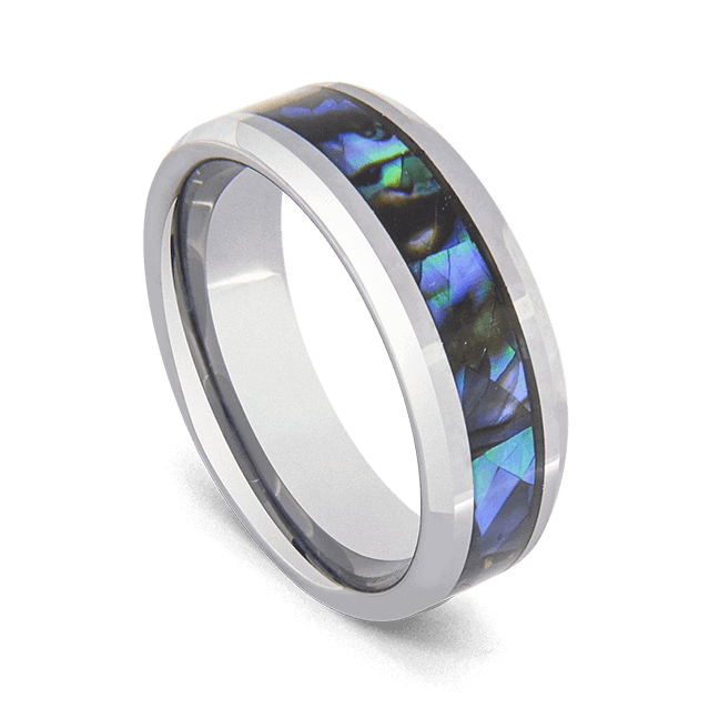 Anello da uomo in tungsteno con intarsio in conchiglia di abalone
