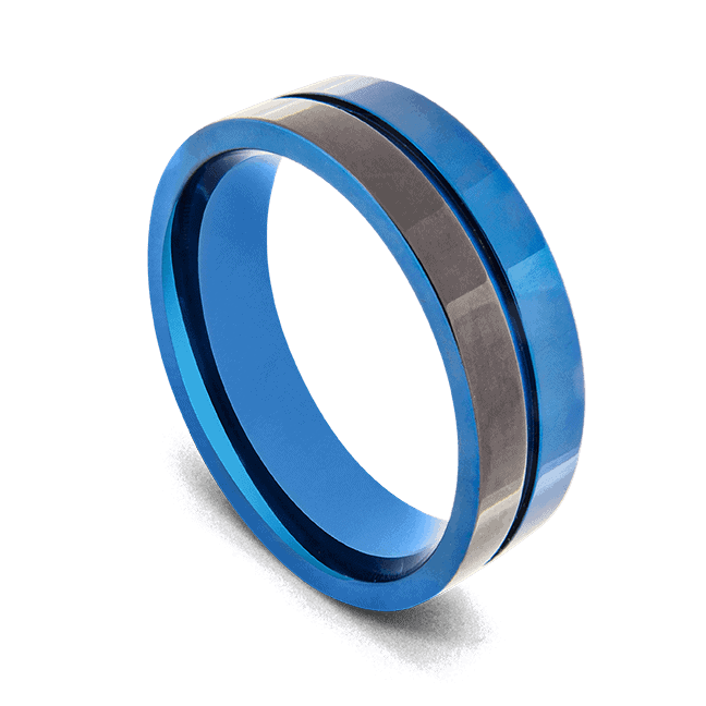 Anello in titanio da uomo - Nero e blu lucido