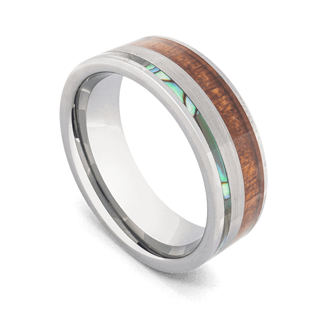 Anello da uomo in tungsteno con legno di koa, conchiglia di abalone e argento spazzolato