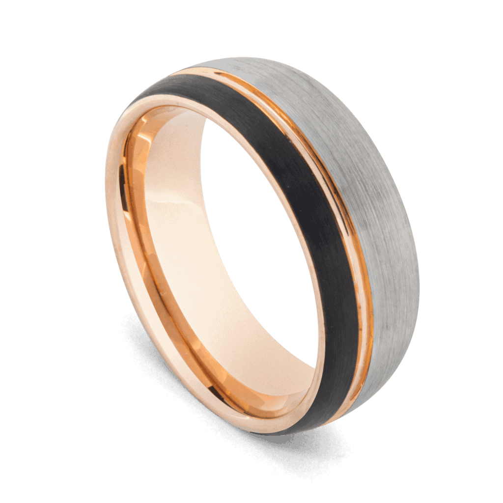 Erudite Ring - Anello da uomo in tungsteno con argento spazzolato, oro rosa lucido e nero opaco