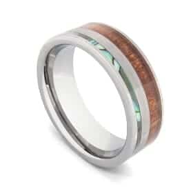 Anello in tungsteno per uomo con legno naturale, conchiglia di abalone e argento spazzolato