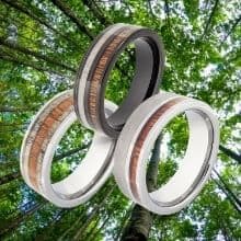 anelli da uomo realizzati in legno naturale sullo sfondo di alberi alti