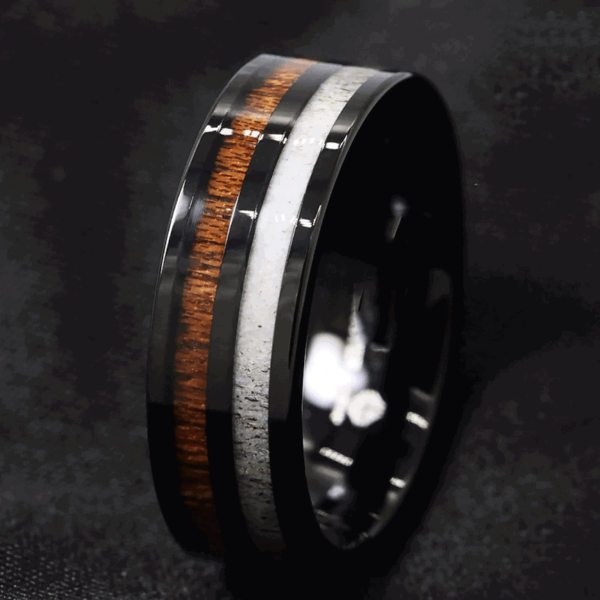 anello da uomo nero con corna e intarsio in legno per anniversario di matrimonio o fidanzamento in tungsteno da 8 mm in tutte le misure