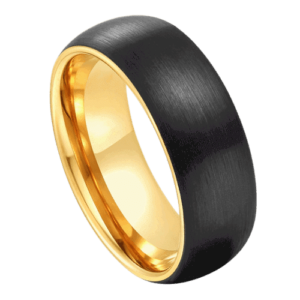 anello nero da uomo con oro. Fascia in tungsteno da 8 mm per anniversario di matrimonio o fidanzamento spazzolato e lucidato