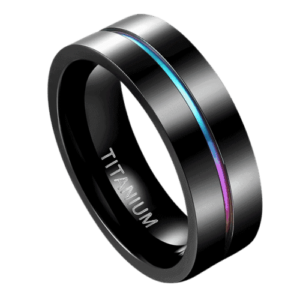 Anello da uomo nero in titanio con colori gay pride da 7 mm. Perfetto per matrimoni, anniversari o fede nuziale