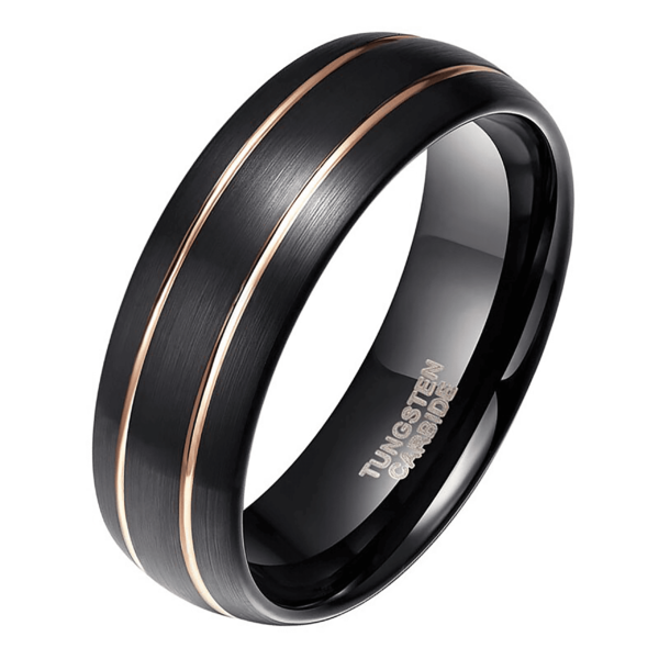 anello nero con due sottili fasce in oro Devotion 8mm tungsteno per uomo