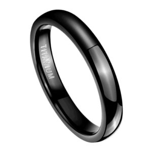 anello nero da uomo. Sottile fascia in titanio lucidato da 4 mm per anniversario di matrimonio o anello di fidanzamento.