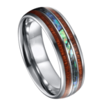 Iridescente - Anello da uomo in tungsteno - Argento, legno, conchiglia di abalone 8 mm
