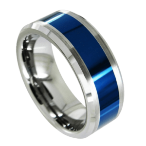 anello da uomo blu in tungsteno argento. perfetto per un moderno anniversario di matrimonio o per la fede nuziale in tutte le misure, larghezza 8 mm