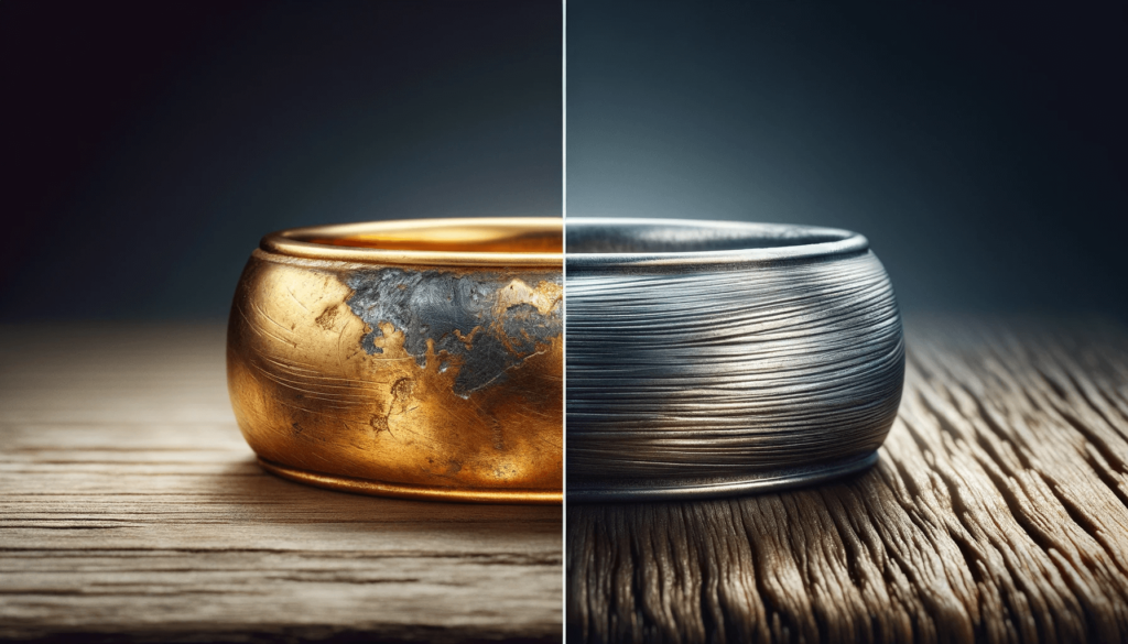 Gold and silver rings placed on an aged wooden surface, highlighting the patina and oxidized textures from wear over time.
