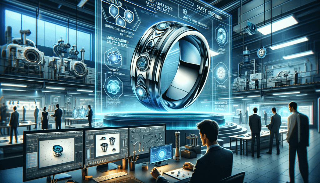 High-tech workshop with designers using 3D printers and CAD software to create and test innovative tungsten carbide ring designs focusing on safety and aesthetics.