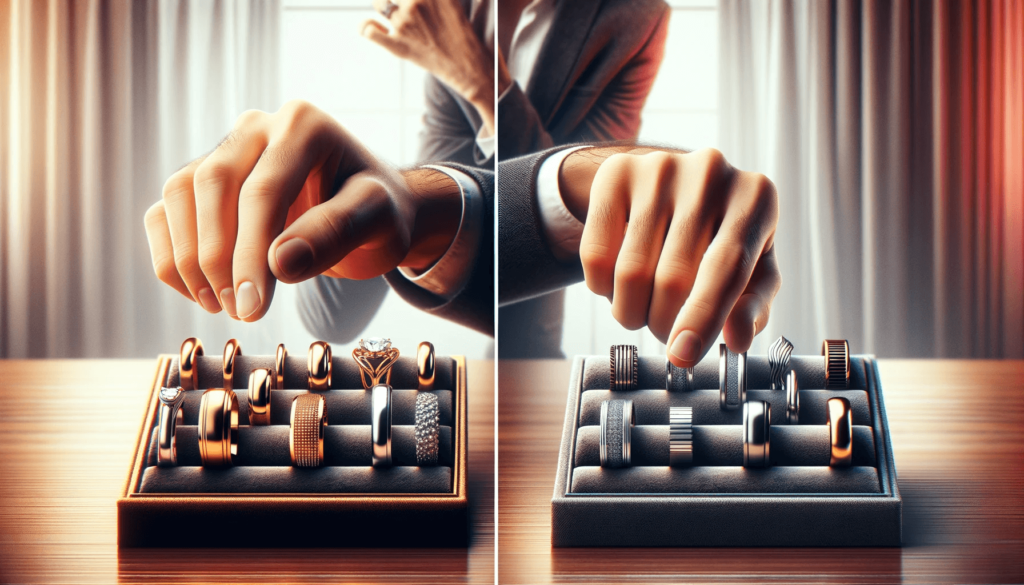 Two images showing a hand contemplating between classic gold and silver rings, and alternative metal rings like titanium and tungsten.