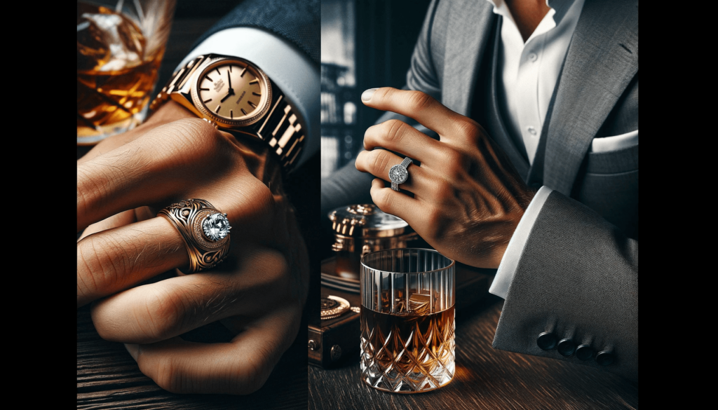 Close-up of a man's hand wearing a luxurious gold ring with a large diamond on the pinky finger; background features a blurred high-end watch and glass of whiskey.