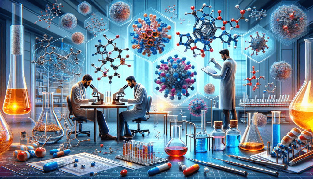 Detailed laboratory scene with researchers examining metal allergies, featuring microscopes, test tubes, and a molecular model.