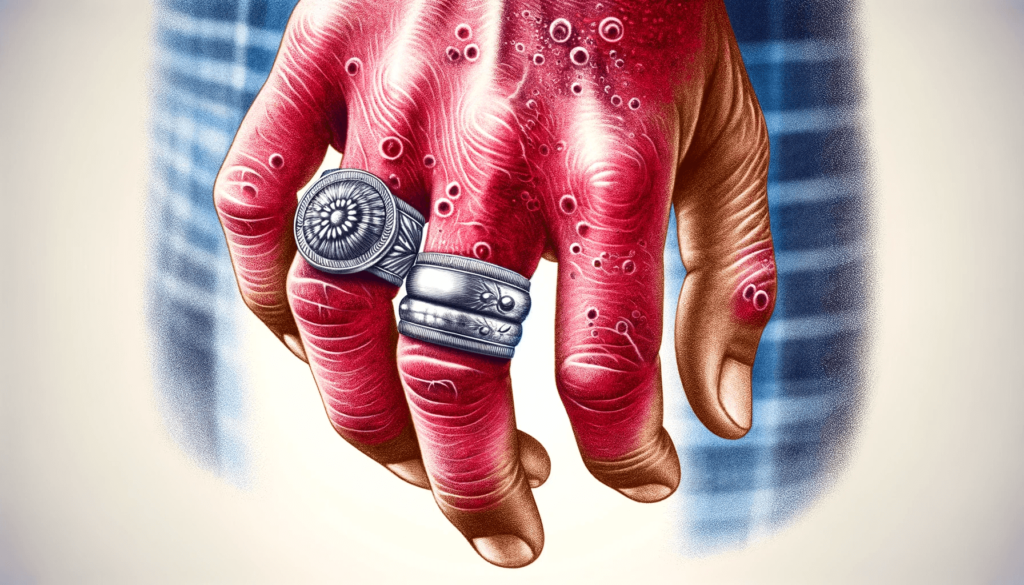 Close-up view of a hand with red, irritated skin around metal rings, indicating a nickel allergy reaction.