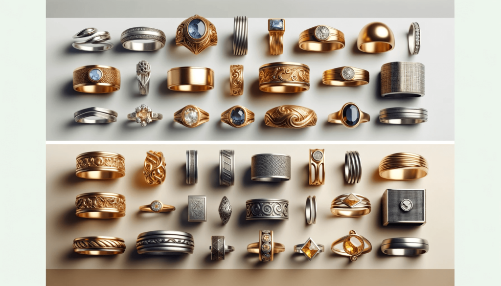 Two displays of rings, one with various gold ring designs and another with silver rings, featuring styles from classic to contemporary.