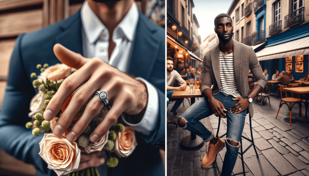 Close-up of a Hispanic man's hand wearing a stylish, modern engagement ring, holding a bouquet of flowers. Finger for Men's Rings.
