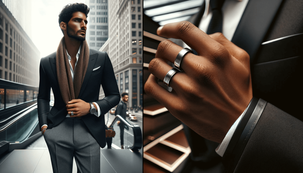 Middle-Eastern man in a smart casual outfit in an urban setting, showcasing a sleek silver ring.
