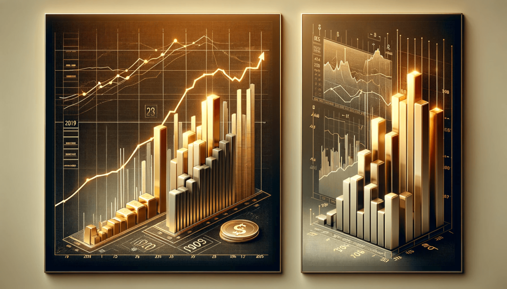 Bar graph with progressively taller bars representing the increase in gold prices over successive years.