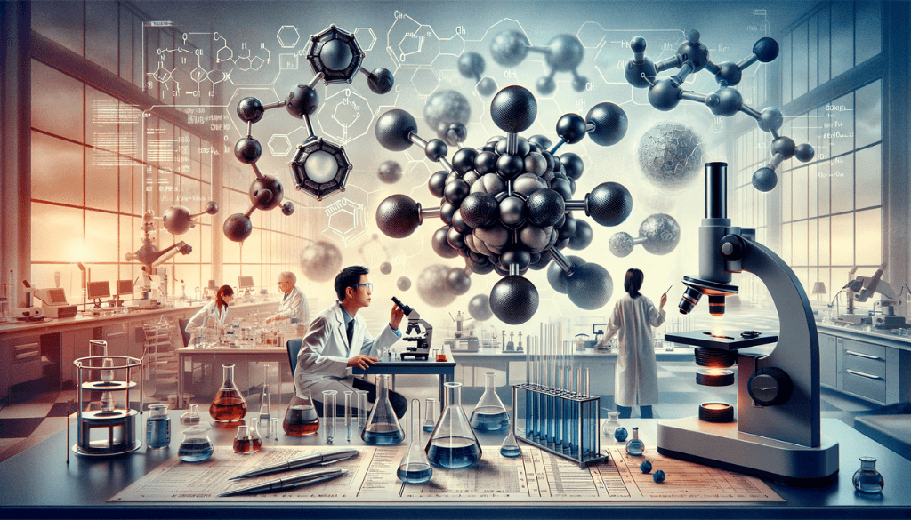 Laboratory scene with Asian male and Caucasian female researchers analyzing a tungsten carbide ring using scientific instruments.