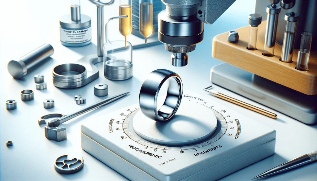 Illustration of two tungsten carbide rings in a lab, one being pressed by a hydraulic press and the other scratched by a diamond tip, without damage.