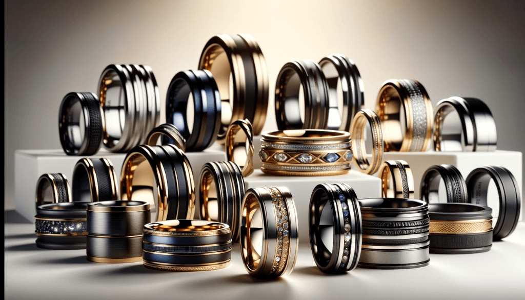 A selection of men's rings with various widths, showcasing superior quality and design against an elegant backdrop.