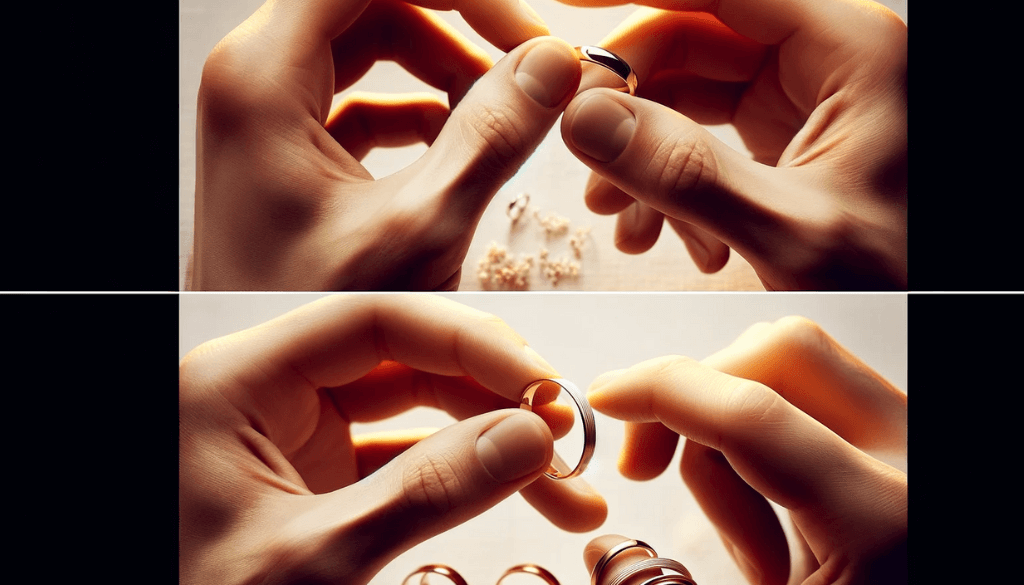 Close-up view of a hand trying on rings of different widths, focusing on the fit and elegance.