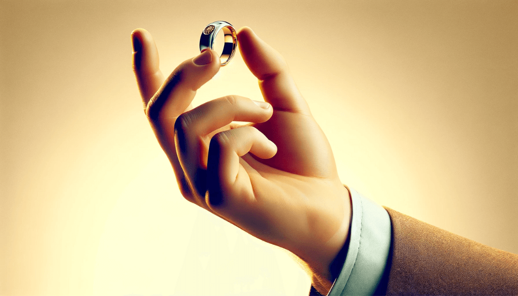 Close-up of a hand with a light complexion sliding a comfort fit ring over the knuckle, with a soft-focus pastel background.