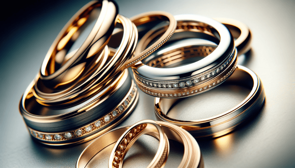 Close-up view of a variety of thin and thick rings, highlighting the intricate craftsmanship and quality materials.