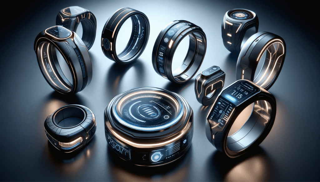Concept art of futuristic men's rings with innovative designs, featuring smart technology and sleek aesthetics.