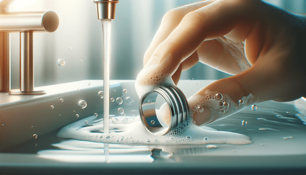 A titanium ring amidst soap bubbles and water, being cleaned.