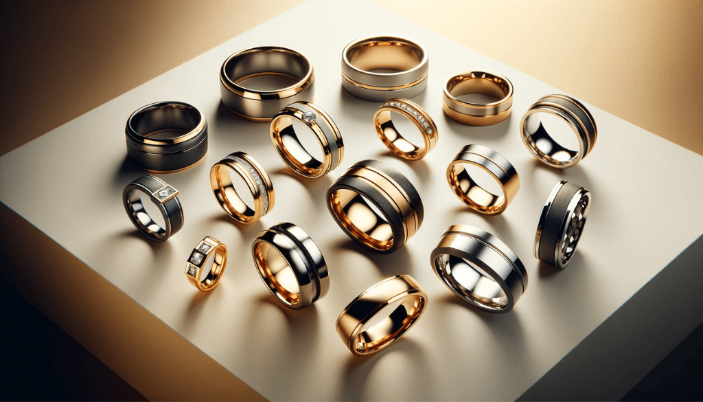 An elegant display of men's rings with varying band widths, focusing on thicker designs, on a minimalist background.