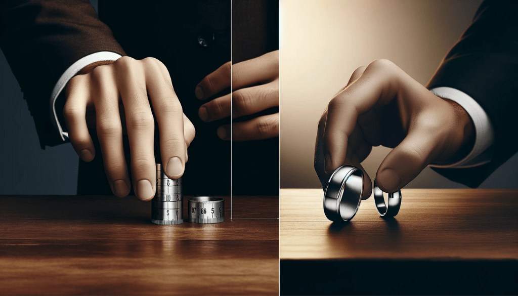 Man's hand measuring with a professional ring sizer on a dark wood table.
