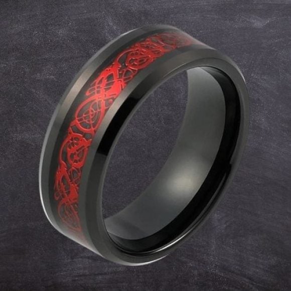 anello da uomo rosso con bordi neri tungsteno e fibra di carbonio fascia 8mm