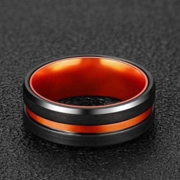 Anello in tungsteno nero e arancione per uomo, design moderno da 8 mm