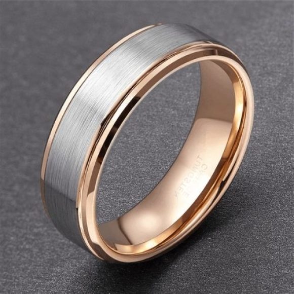 Anello in argento spazzolato e oro rosa per uomo, vestibilità comoda, tungsteno 8 mm