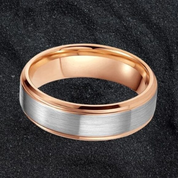 Anello in argento spazzolato e oro rosa lucido in tungsteno per uomo, design in stile moderno tradizionale