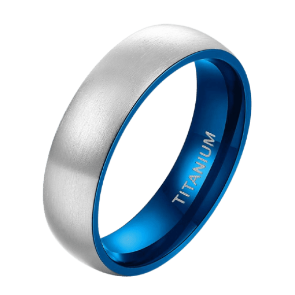 Anello in titanio argento spazzolato con bordi e interno blu - Anello per uomo design in stile moderno