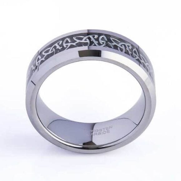 Anello da uomo in argento tungsteno con intarsio motivo celtico in argento nero, design moderno