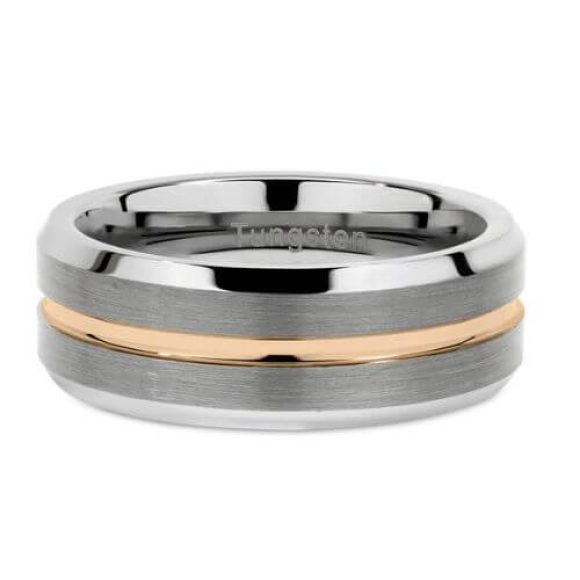 Anello da uomo Always in tungsteno, oro rosa e argento spazzolato Anello da uomo in tungsteno in argento con fascia in oro rosa al centro, design moderno in stile tradizionale da 6 mm