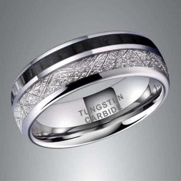 Anello da uomo in finto meteorite e fibra di carbonio nera, design in stile moderno