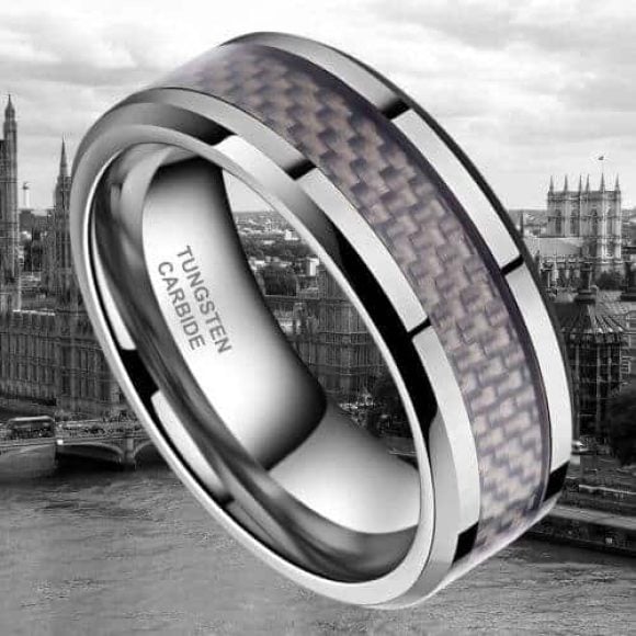 Anello in tungsteno argento per uomo - inserto in fibra di carbonio