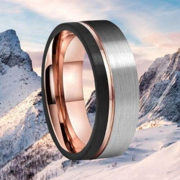 Anello da uomo in tungsteno argento spazzolato, nero e oro rosa
